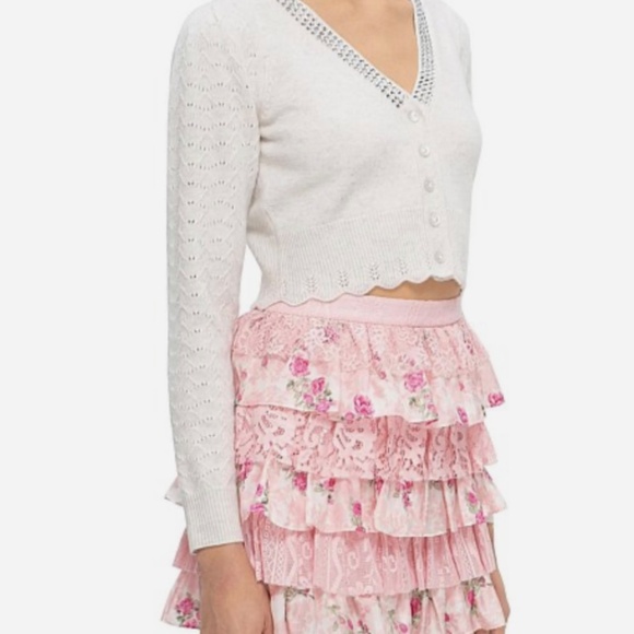 LOVE SHACK FANCY BRYNNER CROP CARDIGAN XS in PEBBLE - Picture 3 of 11
